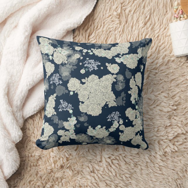 Navy Blue Graue Blumenmuster Pillow Kissen (Decke)