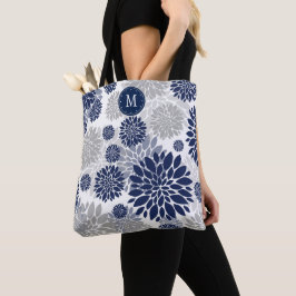 Navy Blue Graue Floral Monogram Tasche