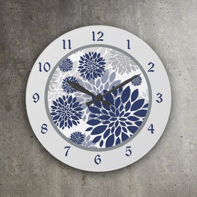 Navy Blue Gray Blume Graphic Große Wanduhr (Von Creator hochgeladen)
