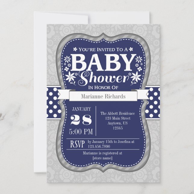 Navy Blue Gray Floral Baby Dusche Einladung (Vorderseite)