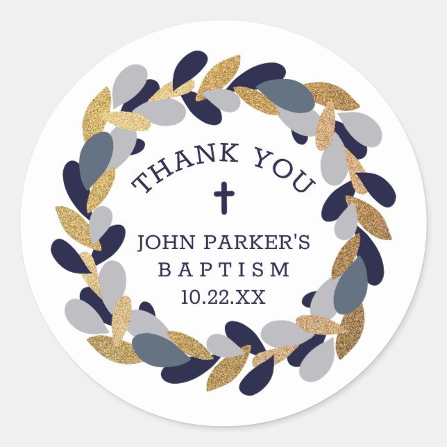 Navy Blue Gray Goldkranz Taufe danke Runder Aufkleber (Vorderseite)