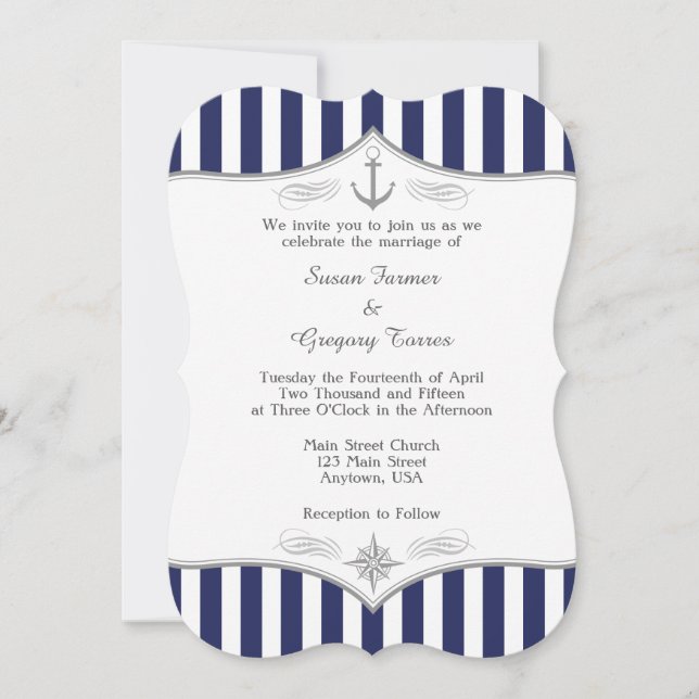 Navy Blue Gray Nautical Wedding Einladung (Vorderseite)