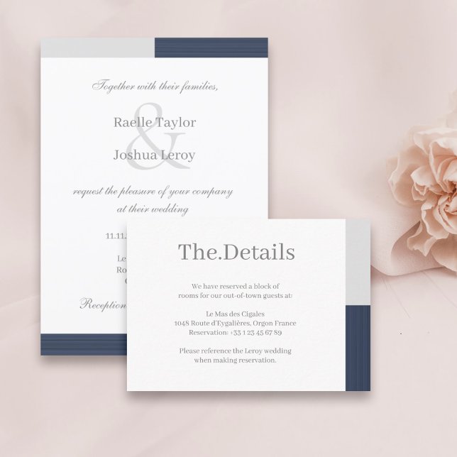 Navy Blue Gray White Stripes Wedding Hotel Detail Begleitkarte (Von Creator hochgeladen)
