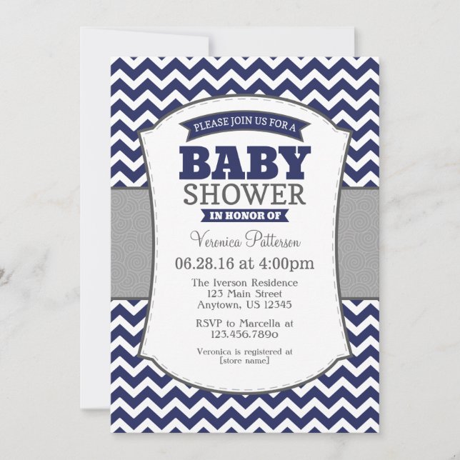 Navy Blue Gray Zickzack Baby Shower Einladung (Vorderseite)