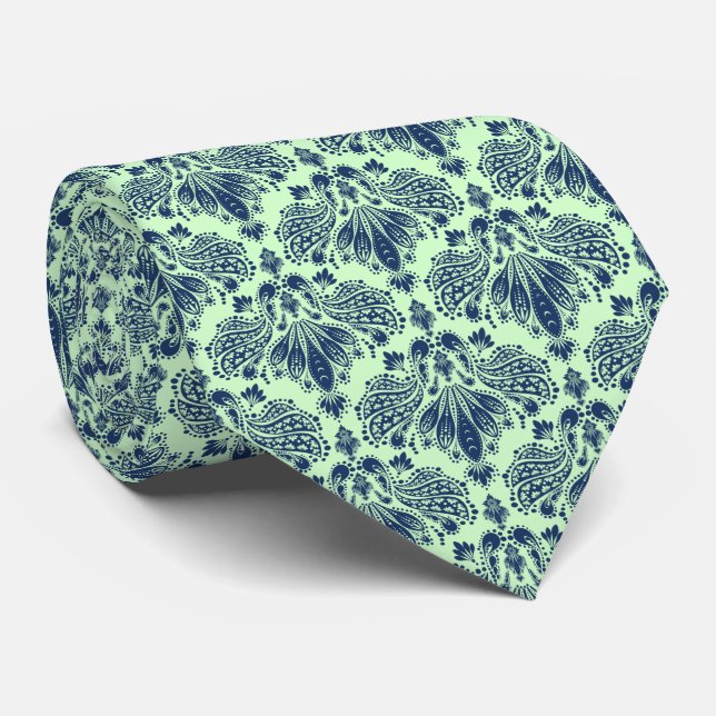 Navy Blue & Green Floral Damasks Muster Neck Tie Krawatte (Gerollt)