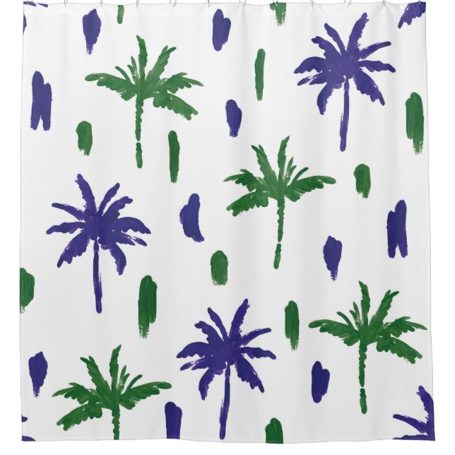 Navy Blue Green Palm Muster Duschvorhang (Vorderseite)