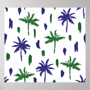 Navy Blue Green Palm Muster Poster