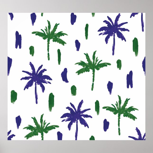 Navy Blue Green Palm Muster Poster (Vorne)
