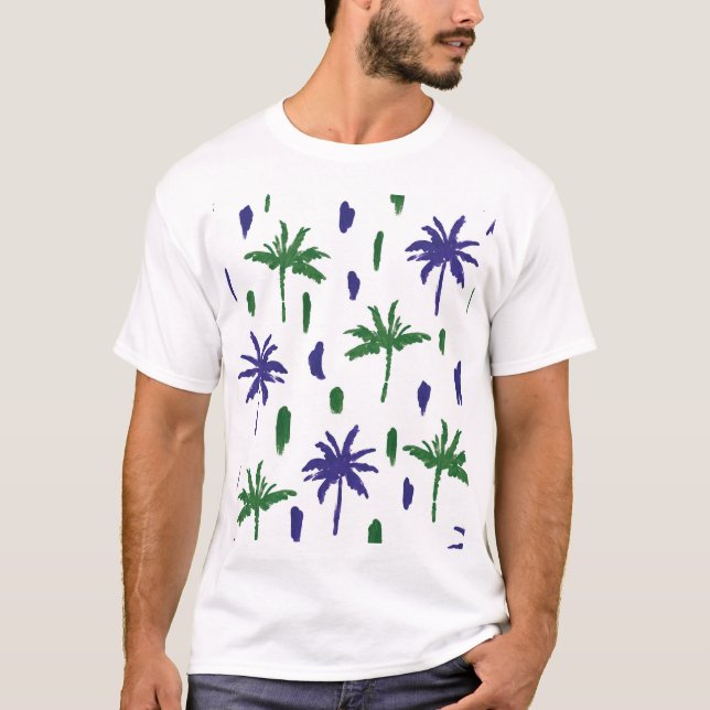Navy Blue Green Palm Muster T-Shirt (Vorderseite)
