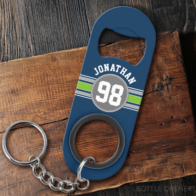 Navy Blue Green Sports Jersey Streifen Name Number Mini Flaschenöffner (Custom Bottle Opener)
