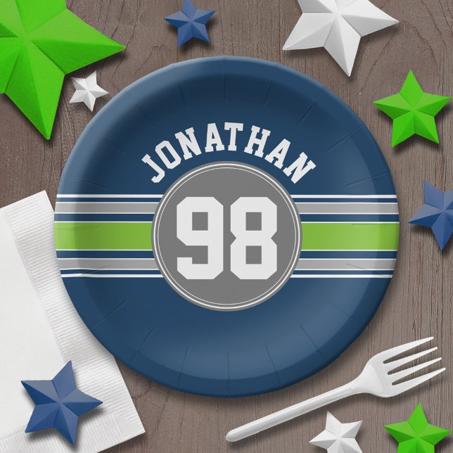 Navy Blue Green Sports Jersey Streifen Name Number Pappteller (Personalized party plates - sports theme for birthday or any occasion)