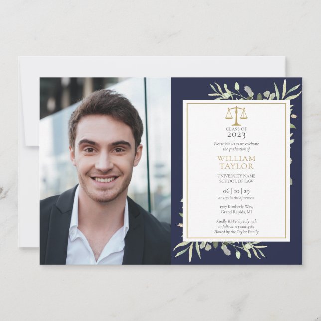 Navy Blue Greenera Law School Graduation Party Inv Einladung (Vorderseite)