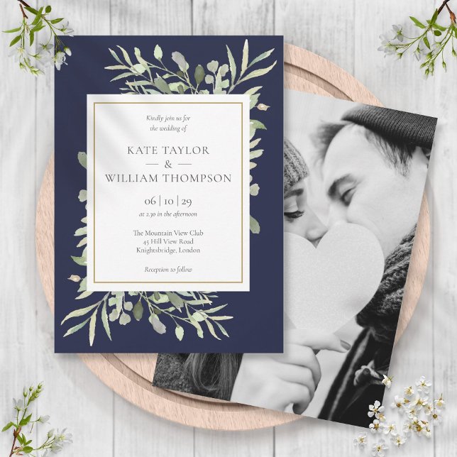 Navy Blue Greenerity Blätter Foto Wedding Einladung (Navy Blue Greenery Leaves Photo Wedding Invitation)