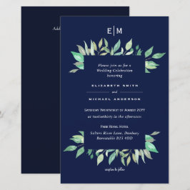 Navy Blue Greenery Blätter Budget Hochzeit Einladu