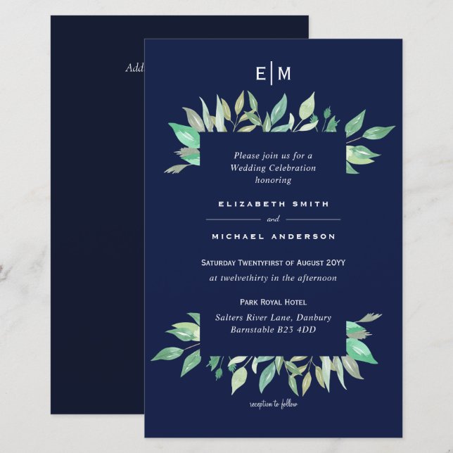 Navy Blue Greenery Blätter Budget Hochzeit Einladu (Vorne/Hinten)