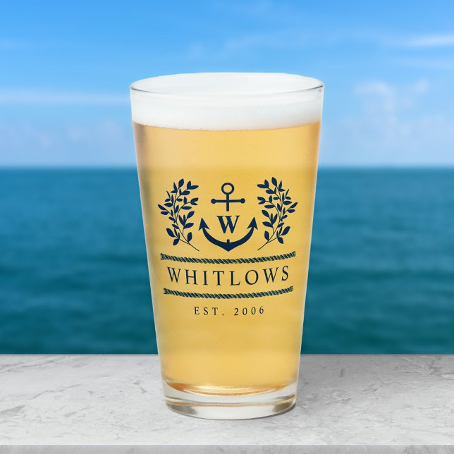 Navy Blue Greenery Nautical Monogram Lake House Glas (Von Creator hochgeladen)