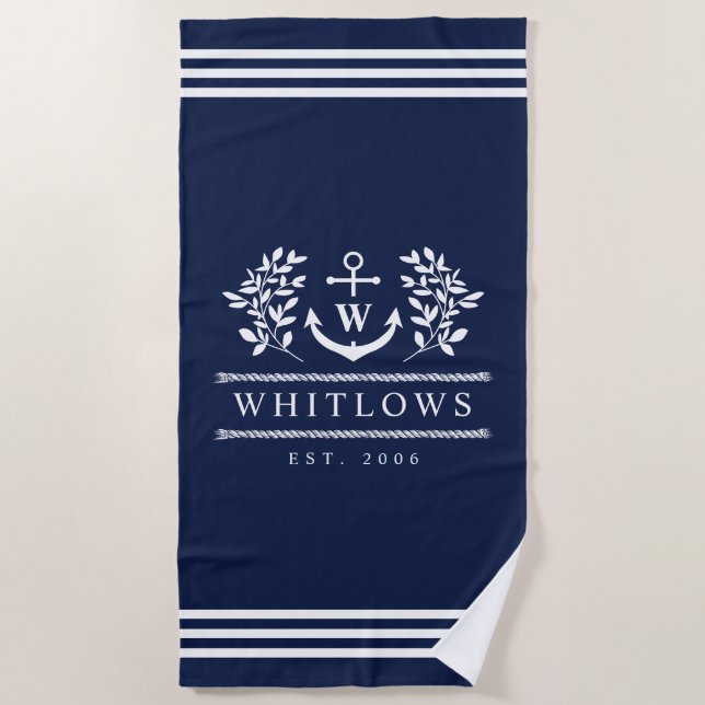 Navy Blue Greenery Nautical Monogram Lake House Strandtuch (Vorderseite)