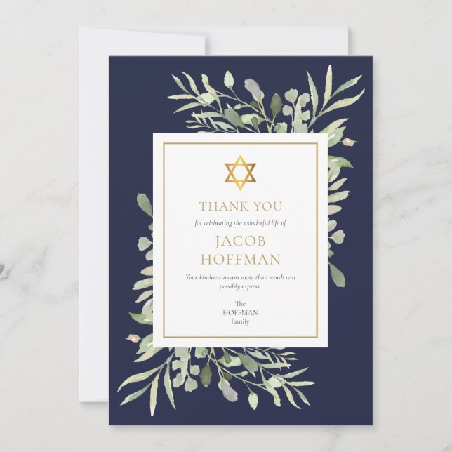 Navy Blue Greenery Star von David Jewish Funeral T Dankeskarte (Vorderseite)