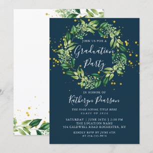 Navy Blue Greenery Wreath Gold Glitzer Abschluss Einladung