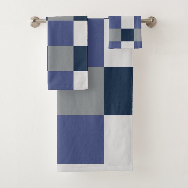 Navy Blue Grey White Checkerboard Muster Badhandtuch Set (Insitu)
