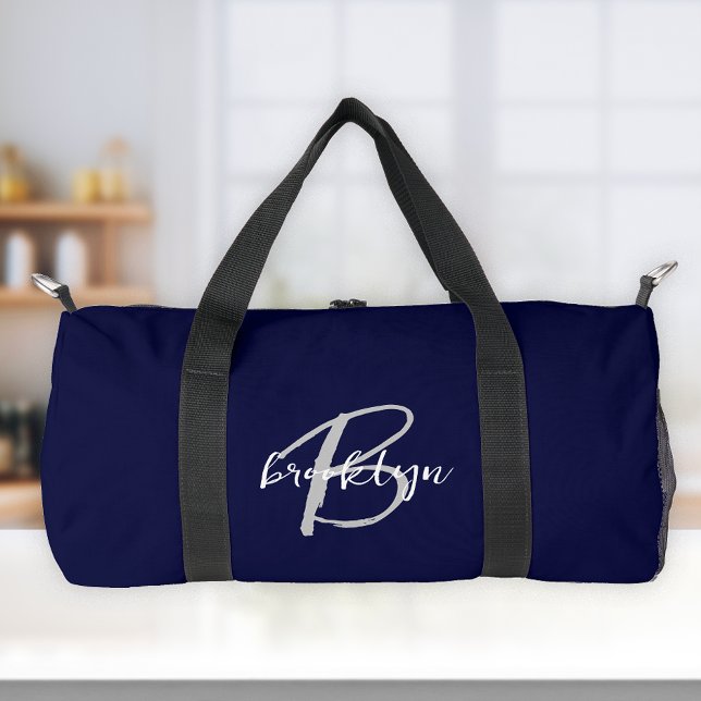 Navy Blue Grey White Script Monogram Duffle Bag (Von Creator hochgeladen)