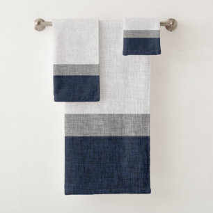 Navy Blue Grey White Stripe Crosshatch Badhandtuch Set
