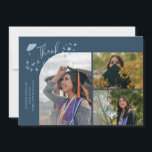 Navy Blue Hand Written Thank You Multi Photo Ankündigung<br><div class="desc">Modern and whimsical graduation announcement photo card featuring 3 photos on the front and 1 on the back. The text says "Thank You" with twinkling stars. Add the graduate's name,  information,  and message to personalize this card. Navy blue.</div>