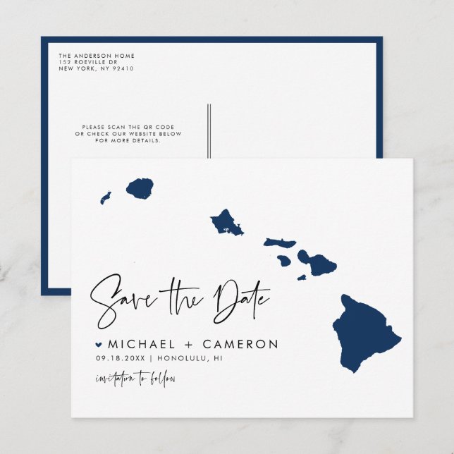 Navy Blue Hawaii Staat Karte QR-Code Save the Date (Vorne/Hinten)