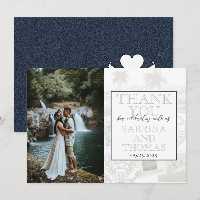 Navy Blue Hawaii Wedding Foto Vielen Dank Dankeskarte (Vorne/Hinten)