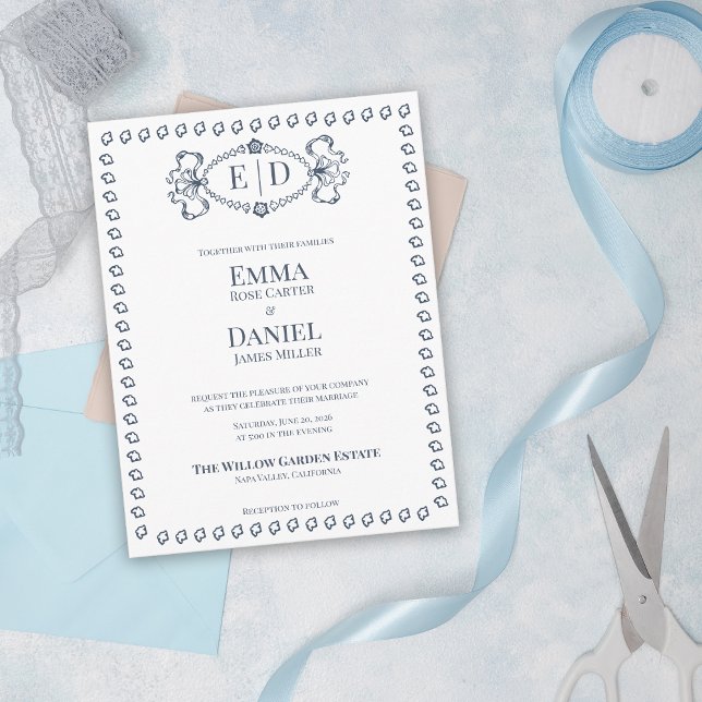 Navy Blue Heirloom Crest Monogram Formal Wedding Einladungspostkarte (Navy Blue Heirloom Crest Wedding Invitation | Elegant Monogram Formal Traditional Wedding Invite)