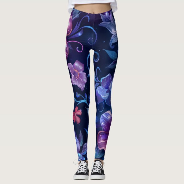 Navy Blue Hibiskus Flows Leggings (Vorderseite)