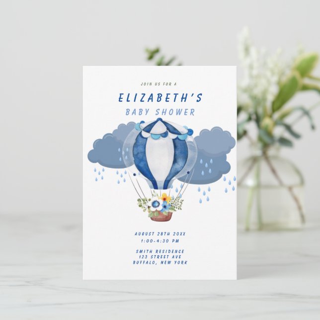Navy Blue Hot Air Ballon Floral Boy Baby Dusche Einladung (Stehend Vorderseite)