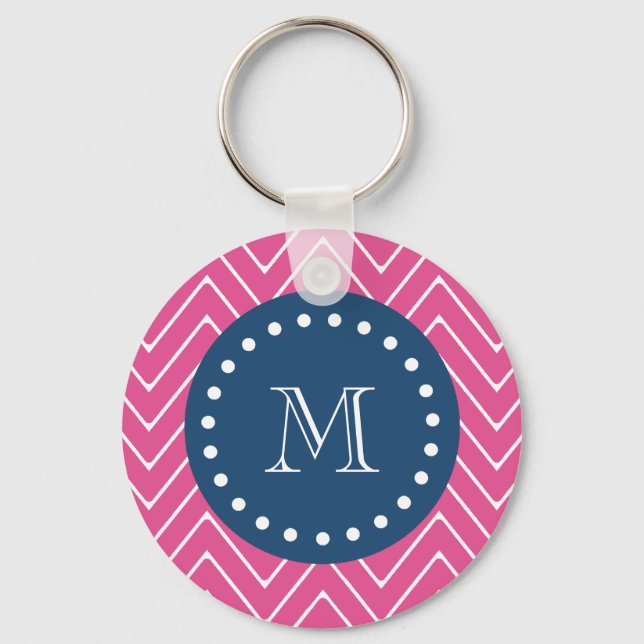 Navy Blue, Hot Pink Zickzack | Ihr Monogramm Schlüsselanhänger (Vorderseite)