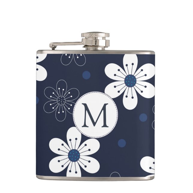 Navy Blue Hübsch Floral Monogram Flachmann (Vorderseite)