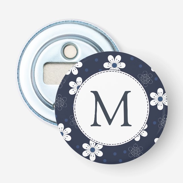 Navy Blue Hübsch Floral Monogram Flaschenöffner (Vorderseite)