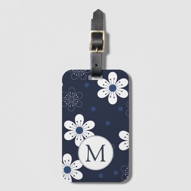 Navy Blue Hübsch Floral Monogram Gepäckanhänger (Vorderseite Vertikal)