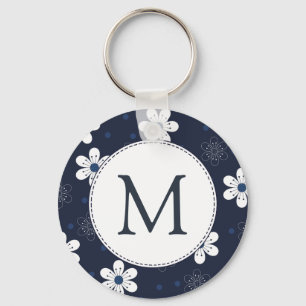 Navy Blue Hübsch Floral Monogram Schlüsselanhänger
