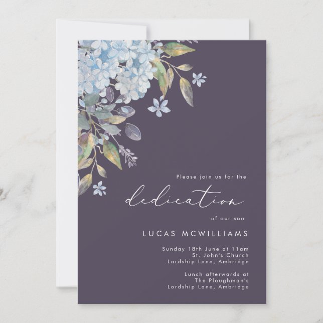 Navy Blue Hydrangeas Baby Dedication Einladung (Vorderseite)