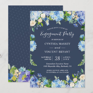 Navy Blue Hydrangeas Floral Engagement Party Einladung
