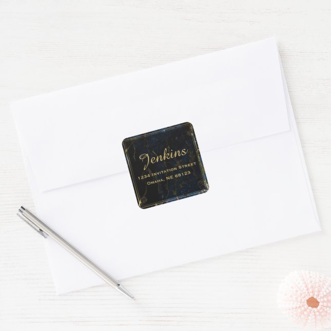 Navy Blue & (Imitate) Gold-Marmor-Rücksendeadresse Quadratischer Aufkleber (Umschlag)