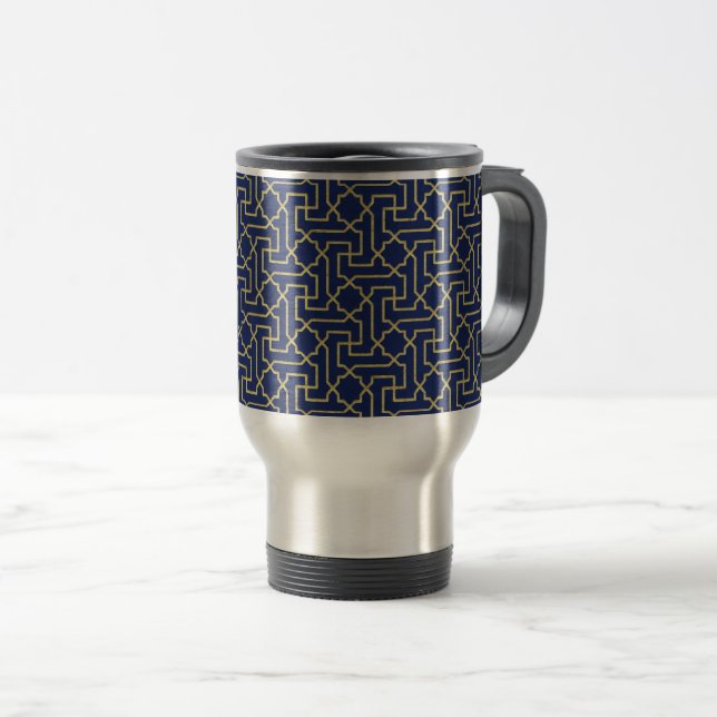 Navy Blue & Imitate Gold marokkanische Mosaikmuste Reisebecher (VorderseiteRechts)