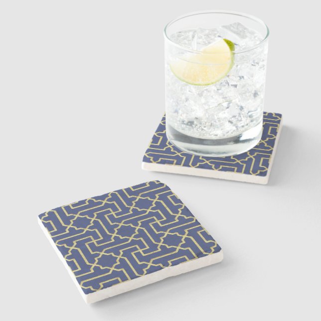 Navy Blue & Imitate Gold marokkanische Mosaikmuste Steinuntersetzer (Seitenansicht)