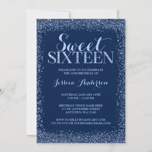 Navy Blue Imitats Glitzer Sweet 16 Geburtstag Einladung (Vorderseite)