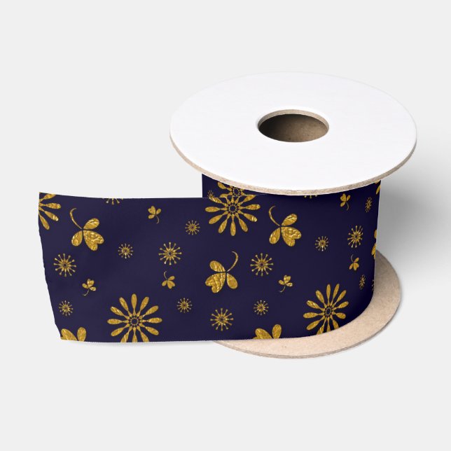Navy Blue Imitats Gold Foil Floral Blätter Satinband (Spule)
