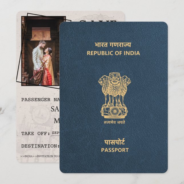 Navy Blue India Passport Save the Date (Vorne/Hinten)