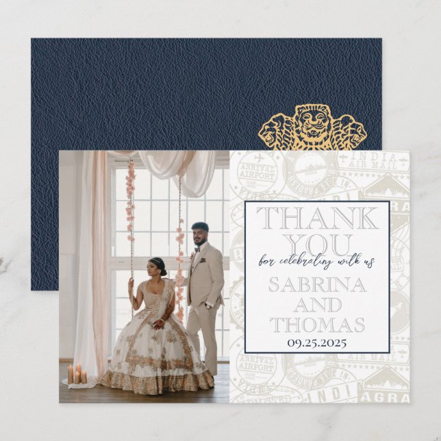 Navy Blue India Wedding Foto Vielen Dank Dankeskarte (Vorne/Hinten)