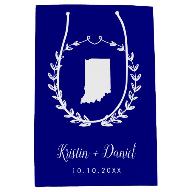 Navy Blue Indiana Map Wedding Welcome Swag Mittlere Geschenktüte (Vorderseite)