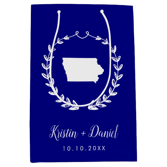 Navy Blue Iowa Map Wedding Welcome Swag Mittlere Geschenktüte (Vorderseite)