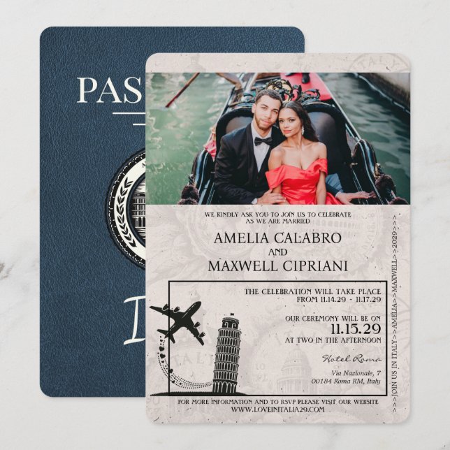 Navy Blue Italy Pass Einladung zur Hochzeit (Vorne/Hinten)