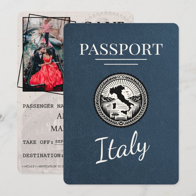 Navy Blue Italy Passport Save The Date (Vorne/Hinten)
